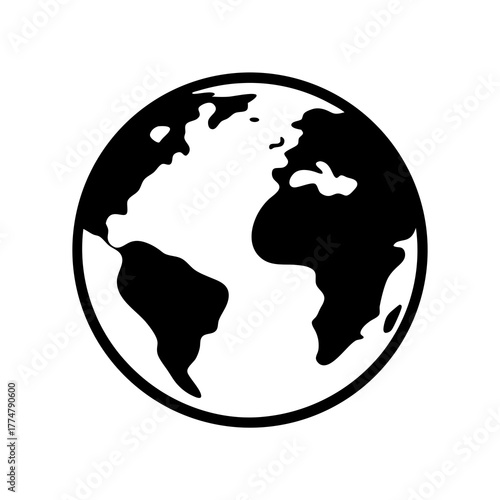 Simple minimalist depiction of Earth showing continents and oceans in black and white