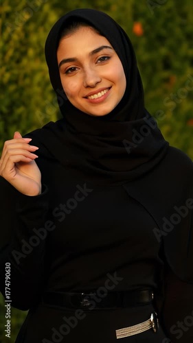 Beautiful Middle Eastern girl smiling confidently and waving, wearing a black modern outfit, standing in front of a green background, golden hour lighting, cinematic realism