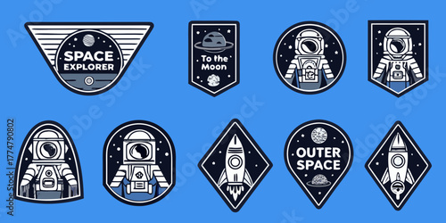 Collection of retro style space exploration badges and patches featuring astronauts rockets and planets