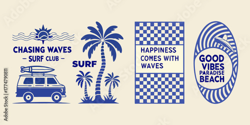 Retro surf club graphic design with van palm trees and beach quotes in blue and cream