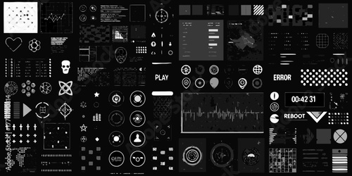 Collection of futuristic digital interface elements and icons on a dark background