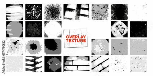 Collection of abstract grunge textures and graphic overlays in grayscale and black and white for design projects