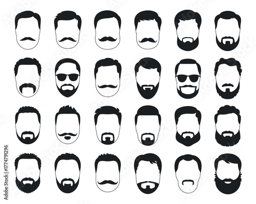 Diverse vector collection of men’s hairstyles, beards, and mustaches