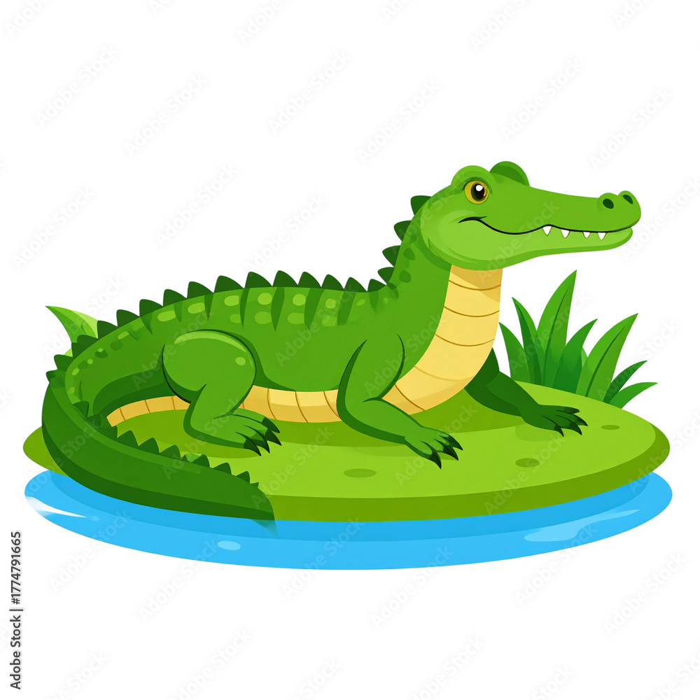 Naklejka premium Vector PNG of an alligator lounging relaxed on a riverbank, depicting natural wildlife and calm reptile behavior. Perfect for nature, wildlife, and tropical themes with transparent background