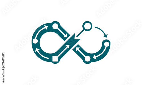 Devops infinity loop symbol with arrows and nodes, isolated on white background