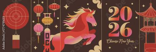 2026 Horse Year Set. Abstract modern vector illustrations of Chinese New Year designs for 2026, Year of the Horse. Lanterns, horse, house and traditional elements for icons and print