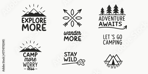 Collection of hand drawn adventure and camping themed lettering with icons including mountains trees and tents