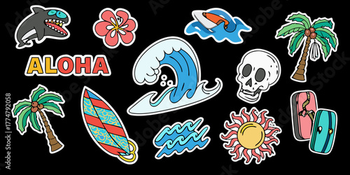 Collection of hawaiian aloha surf stickers featuring a shark palm trees surfboard wave skull and sun