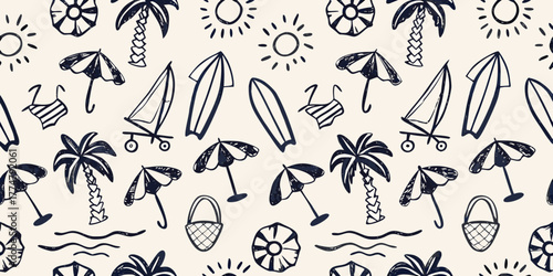 Hand drawn summer beach vacation seamless pattern with palm trees surfboards umbrellas and sun