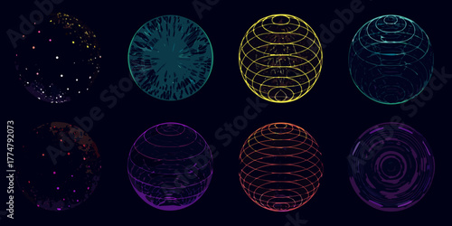 Abstract digital spheres and orbs with diverse textures and wireframe designs on dark background
