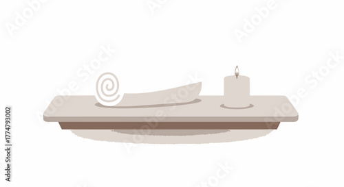 Serene spa setting illustration with a rolled white towel, natural soap bar, and a calming lit candle on a sleek surface, symbolizing self-care, tranquility, and relaxation in a minimalist design
