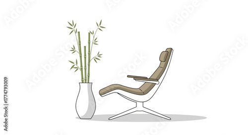 Modern minimalist lounge chair illustration with decorative bamboo plant in a white vase, ideal for serene interior design concepts and relaxation graphics