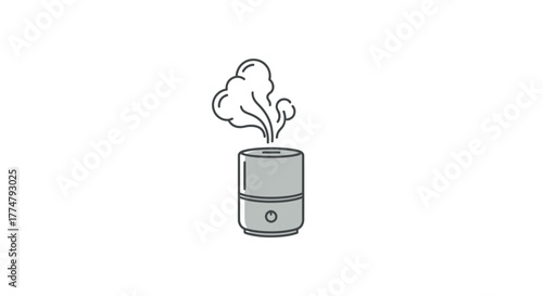 Minimalist line art illustration of a modern ultrasonic humidifier or essential oil diffuser emitting a soothing mist, symbolizing clean air, relaxation, and wellness in a home environment