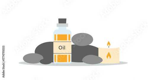Flat illustration of essential spa items a bottle of natural oil, smooth therapy stones, and a lit candle. Perfect for wellness, relaxation, and self-care concepts