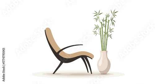 Contemporary minimalist lounge chair paired with elegant bamboo stalks in a sleek vase, representing modern interior design and serene home decor for a relaxing atmosphere