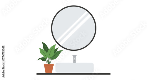 Modern bathroom interior graphic with a stylish round mirror, pristine white sink, and a vibrant green plant. Perfect for minimalist home decor and interior design concepts