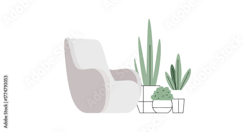 Stylized illustration featuring a comfortable lounge chair and elegant potted green plants, embodying modern minimalist interior design, home comfort, and a serene living space