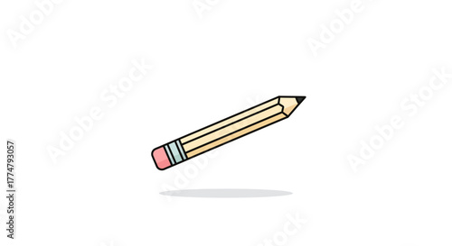 Simple and charming yellow pencil illustration featuring a pink eraser, gently floating with a subtle shadow, perfect for educational themes, creative projects, or basic writing concepts
