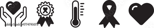 Collection of healthcare and support icons: hands holding heart, award ribbon, thermometer, awareness ribbon, and heart symbol
