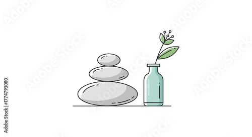 Calm and balanced a minimalist line art illustration featuring stacked spa stones beside a small plant in a vase, symbolizing peace, wellness, and natural harmony