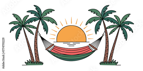 Tropical paradise hammock between palm trees at sunset over the ocean, a serene and relaxing scene for vacation.