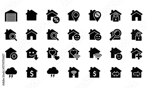 A comprehensive collection of solid glyph icons representing real estate, property management, and smart home concepts on a white background