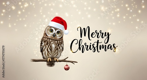 Cute owl wearing santa hat with merry christmas text