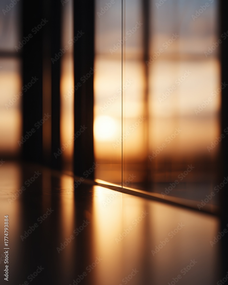 Fototapeta premium Sunset reflected on glass office wall, symbol of completion,