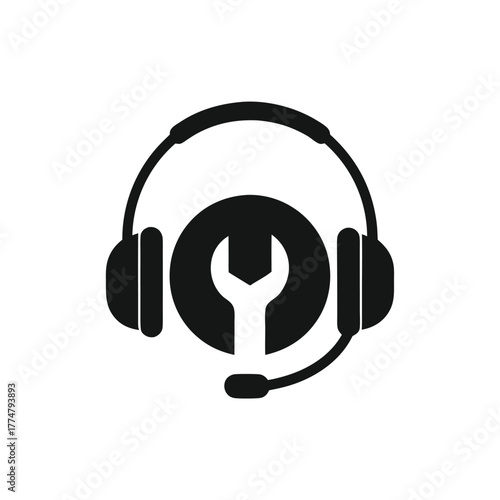 A headphone surrounds a wrench in a solid icon on a white background