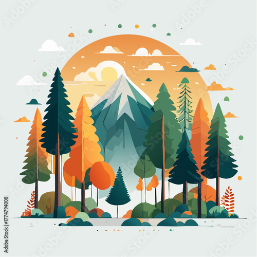 Scenic illustration of a mountain landscape with trees and rising sun