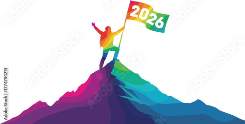 Person conquering mountain with 2026 flag, symbolizing ambition, achievement, and a colorful journey towards success