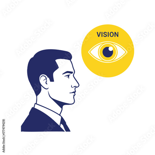 Man in suit with vision concept illustrated beside an eye symbol