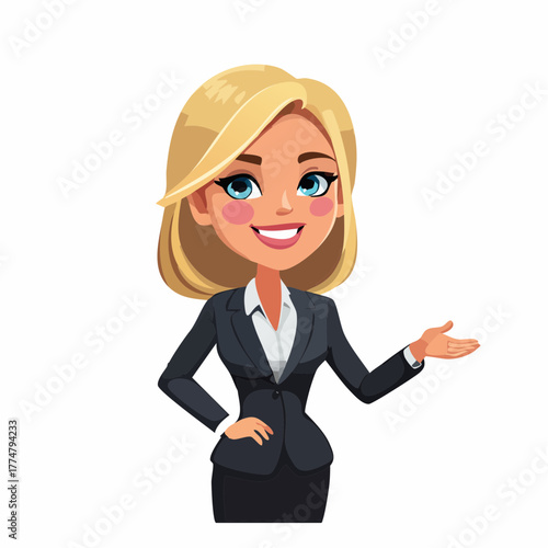 Smiling businesswoman in formal suit presenting with hand gesture