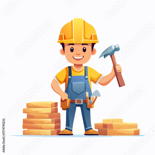 Smiling carpenter with hammer and wood blocks against white background