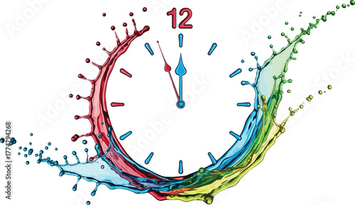 Colorful clock made of water splash showing twelve oclock, concept for time management and deadline
