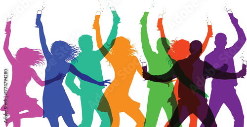 Vibrant silhouettes of people dancing and celebrating with drinks, capturing energy and excitement of a lively party