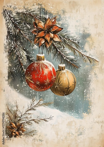 christmas toys on the tree branch. Winter vintage postcard illustration