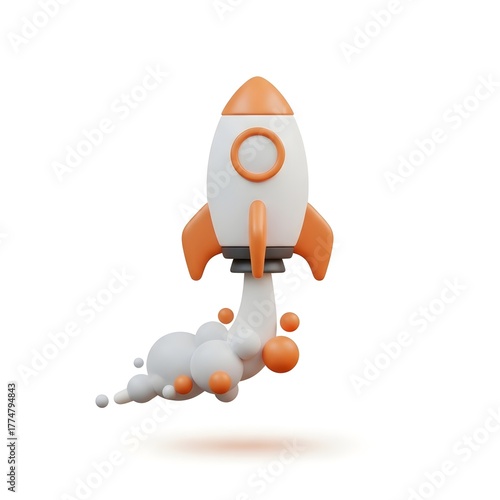 A 3D rocket icon in a soft UI style, a concept for startup growth, project launch, and business success.