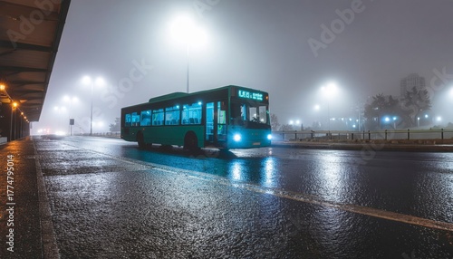 Urban Nightscape: A solitary bus illuminates a misty, rain-slicked city street, evoking a sense of calm and the quiet hum of urban life.