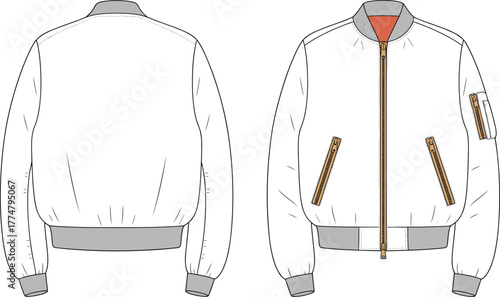 Bomber jacket fashion illustration, technical flat sketch, front and back view, white outerwear design, zipper details, sleeve pocket, orange lining