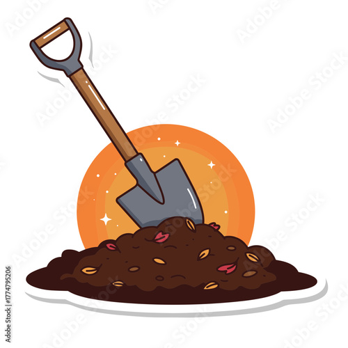 Illustration of a shovel digging into fertile soil with seeds.