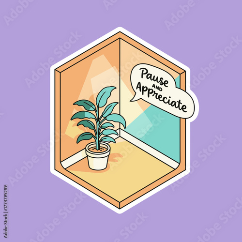 Isometric corner with potted plant and motivational quote bubble.