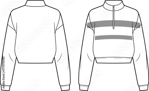 Cropped pullover sweatshirt template, half zip fashion sketch, striped design, unisex apparel illustration, casualwear mockup, technical clothing drawing, sportswear style