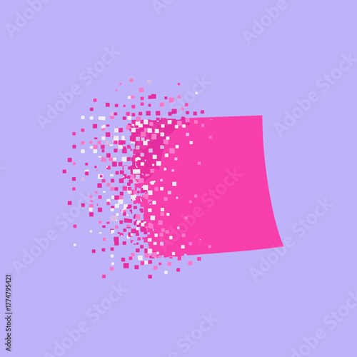 Pink square dissolving into particles abstract background.