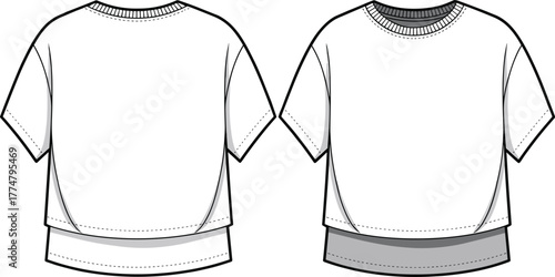 Cropped t shirt fashion illustration, technical flat sketch, front and back view, layered hem design, short sleeve, round neckline casualwear