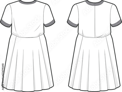 Dress fashion illustration, technical flat sketch, front and back view, contrast trim neckline, short sleeves, pleated skirt, fitted bodice womenswear