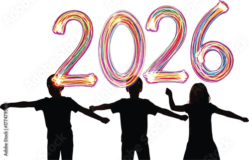 Silhouetted children under number 2026, symbolizing upcoming year with youthful energy and hope