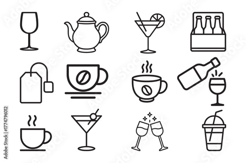 Outline icons representing various beverages like tea coffee and alcoholic drinks