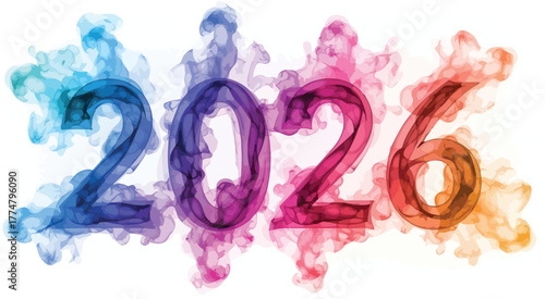 Colorful smoke forming number 2026, representing upcoming year with a vibrant and dynamic effect
