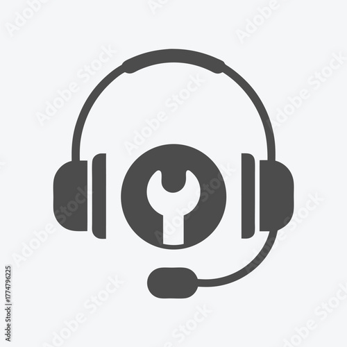 A headphone with a microphone encircles a wrench symbol, indicating technical support